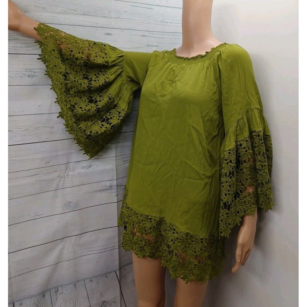 Colleen Lopez Olive Green Lace Trim Tunic Top Sz L 3/4 Bell Sleeve